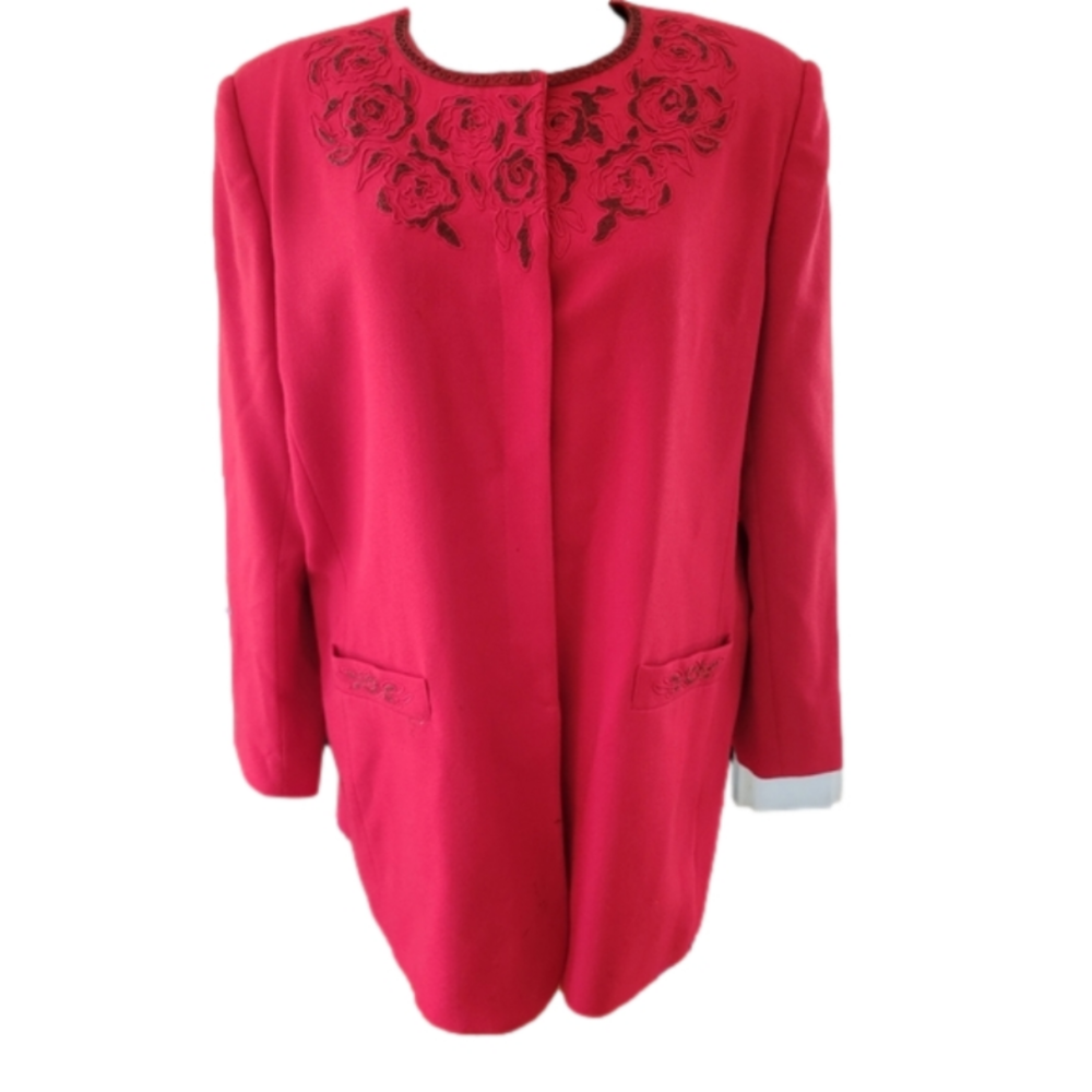 Vintage Beaded Floral 100% Red Wool Emily Lnee Length Coat Blazer-Size 2…